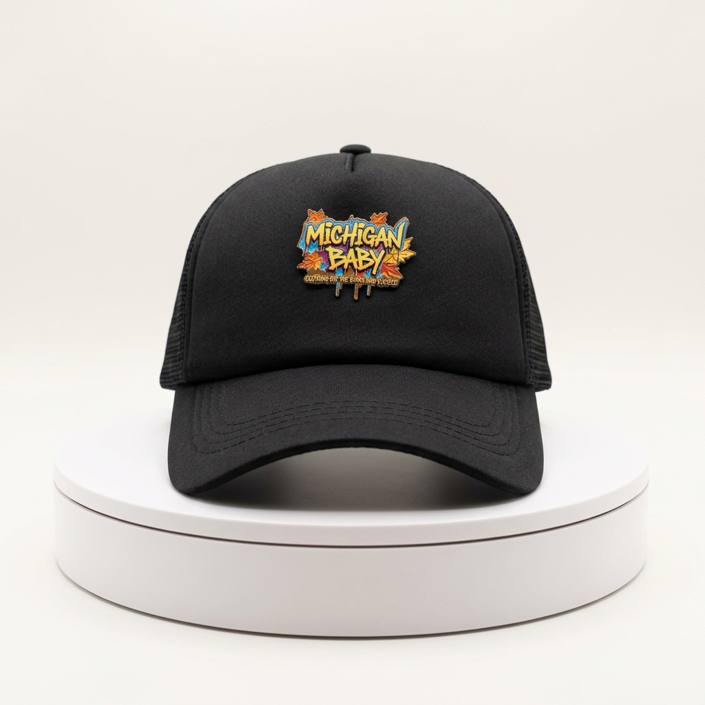 trucker hat with uv printed leather pacth